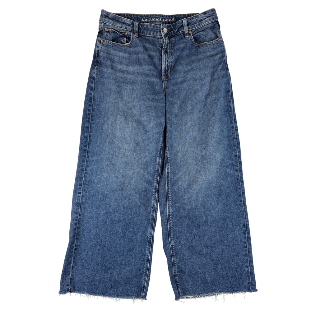 American Eagle Jeans Women 12 Short Blue Super High Rise Baggy Wide Leg Raw Hem